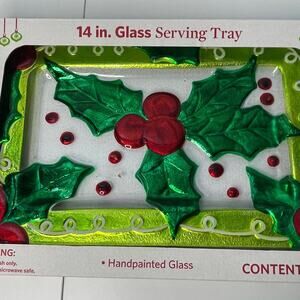 NEW Hand-Painted Glass Serving Tray Platter 14x9 Christmas Holly Leaves